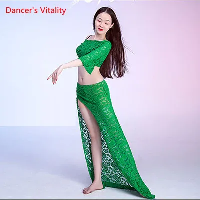 Кружевной восточный танец костюм для взрослых 2 шт. Танец живота Bling Bling Юбка Свободный топ-танцор Повседневная одежда M-L - Цвет: Зеленый