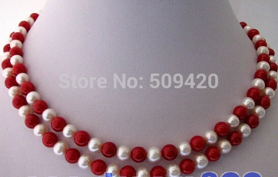 

~~ Wholesale34"7mm round white freshwater pearl red coral necklace