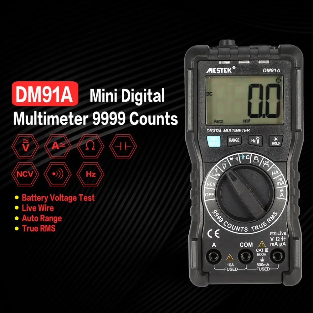 

MESTEK Mini Digital Multimeter 9999 Counts True RMS Auto Range AC/DC Volt Amp Ohm Diode Continuity Capacitance Tester DM91A