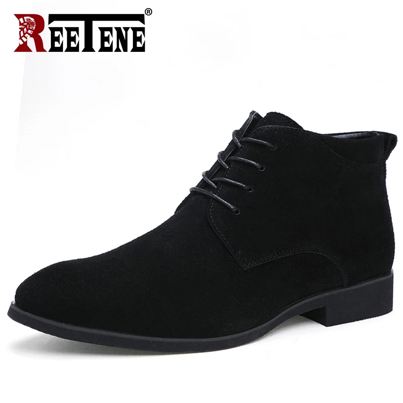 REETENE/2019 г. Новые мужские зимние ботинки теплые кожаные на меху с острым носком