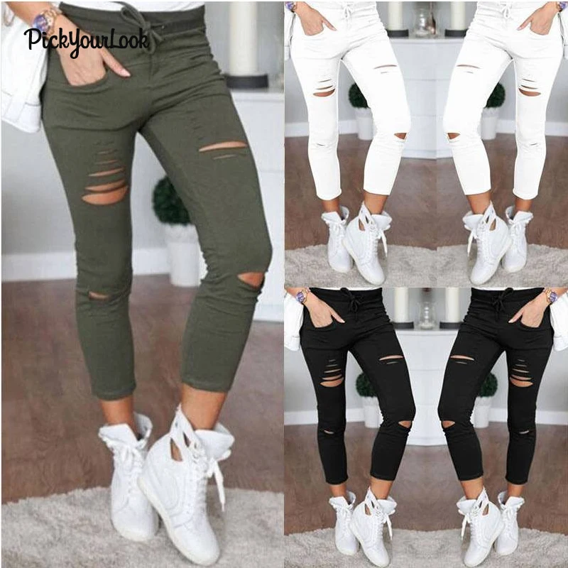 Pickyourlook Women Shredded Pants High Waist Ripped Trousers Skinny Pants Jeans Female Leggings Hole Sweatpants Plus Size Pants