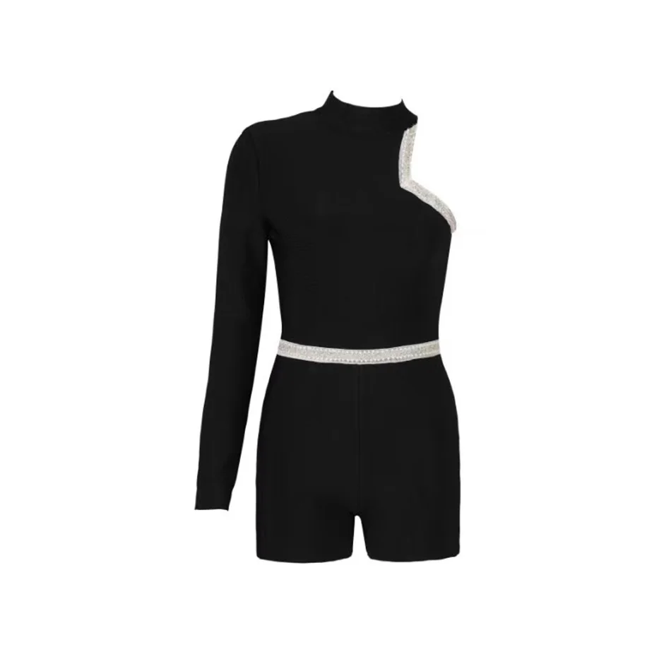 Высокое качество Лето Новинка; элегантные женские туфли-лодочки; модная черная футболка с длинными рукавами и закрытыми плечами, утягивающий комбинезон Шорты вечеринка Bodycon Club - Цвет: Черный