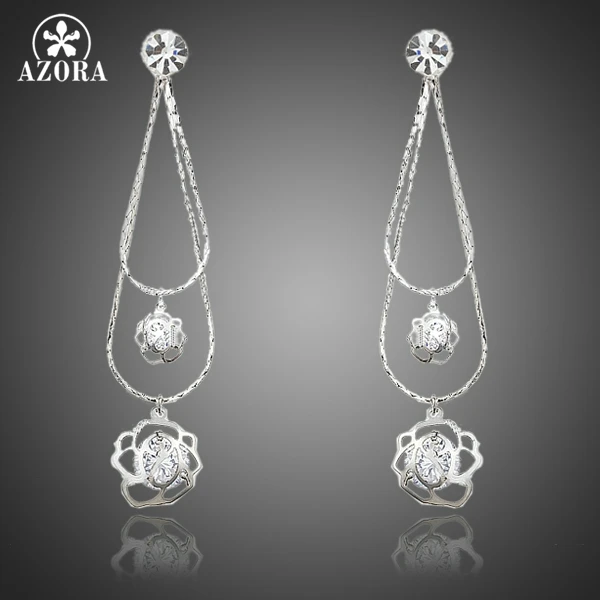 AZORA Double Flower Swing Polished Stellux Austrian Crystal Drop Earrings TE0168