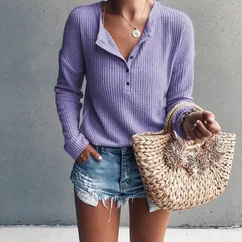 

Autumn Sweater Women's Fashion Button V-neck Long Sleeve Knit Sweater Women 2019 Casual Knitted Pullovers Woman Tops Knit Tops