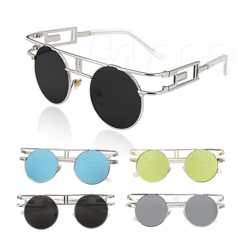 

Free delivery 1 PC Mens Womens Retro Steampunk Round Metal Frame Mirrored Lens Glasses Sunglasses