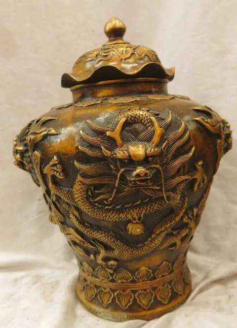 9&quot China bronze carved finely beautiful dragon eight treasures Vase Sculpture | Дом и сад