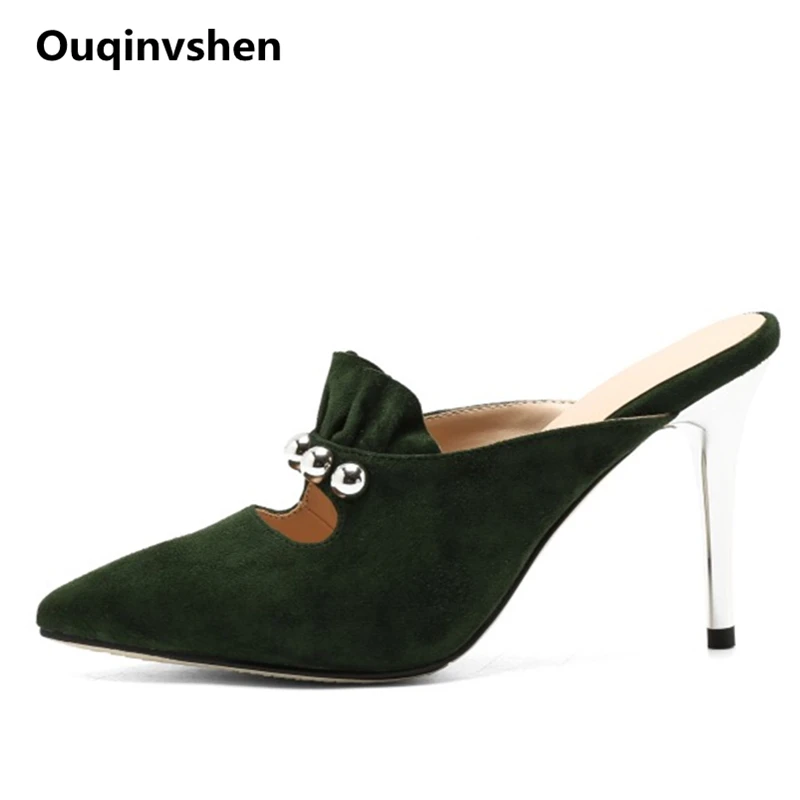 

Ouqinvshen Ruffles Pink Extreme High Heels Big Size 33-42 Pointed Toe Kid Suede Slippers Metal Decoration Mules Shoes Women 9CM