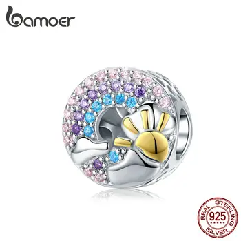 

bamoer Colorful Rainbow and Cloud Round Beads for Women Jewelry Making Gold Color Sterling Silver Charm Bracelet Jewelry SCC1255