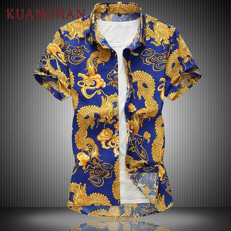 

KUANGNAN Chinese Dragon Print Shirt Men Streetwear Casual Summer Shirts Men Short Sleeve Hawaiian Shirt Men Clothing 5XL 2019