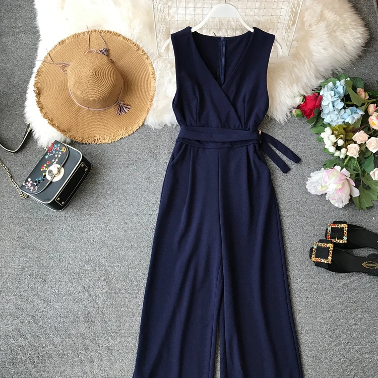 Sleeveless V-neck High Waist Sashes Wide Leg Jumpsuit