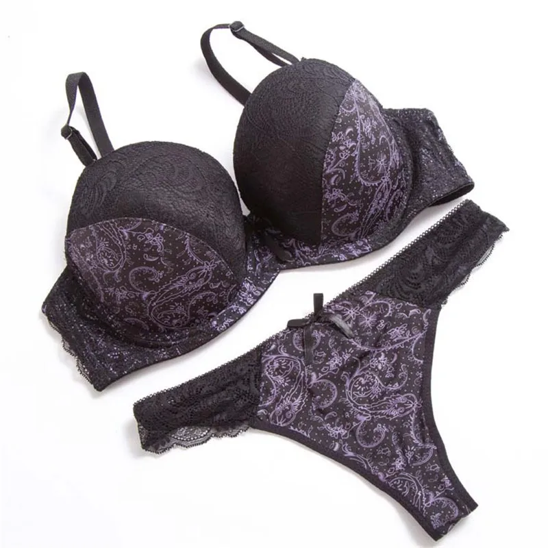 sexy bra panty set Varsbaby sexy thong lingerie set push up plus size bra and panty set lace print underwire bow large size women underwear set plus size bra and panty sets