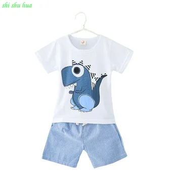 

Summer Boy Clothes Two-piece Dinosaur Print Short-sleeved T-shirt Striped Pants Cotton 2-6 Y Child Quality Clothing 2019Hot Sal