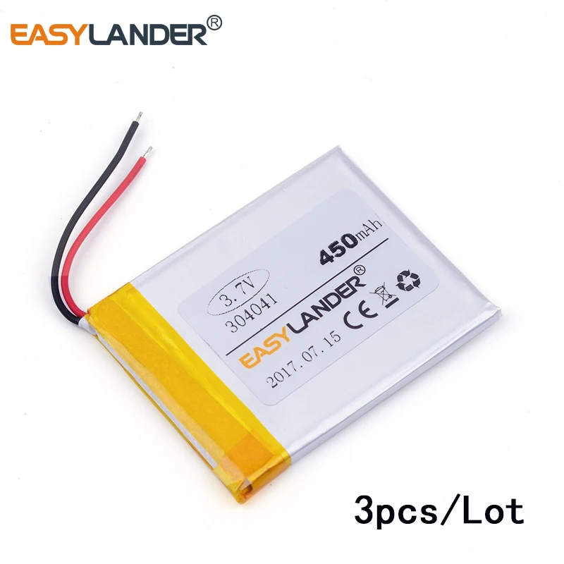 

3pcs /Lot 3.7v lithium Li ion polymer rechargeable battery 304041 450mAh phone battery factory direct 034041
