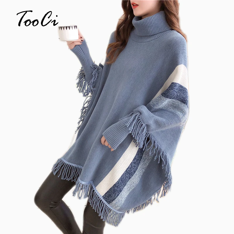 

Womens Capes And Ponchoes 2019 Autumn Women Fashion Blue Tassel Pullovers Plus Size Women Knitted Sweater