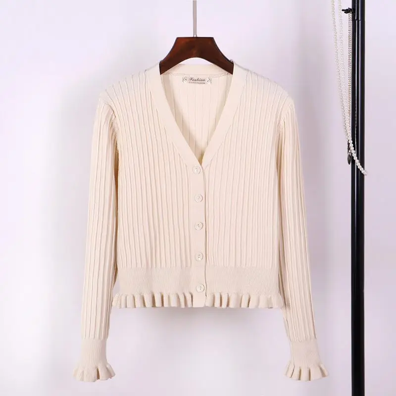 GIGOGOU сексуальный женский кардиган с v-образным вырезом, свитер в рубчик, вязаные топы с оборками, милое пальто для девочек, весенне-осенняя куртка, вязаные свитера - Цвет: White 192