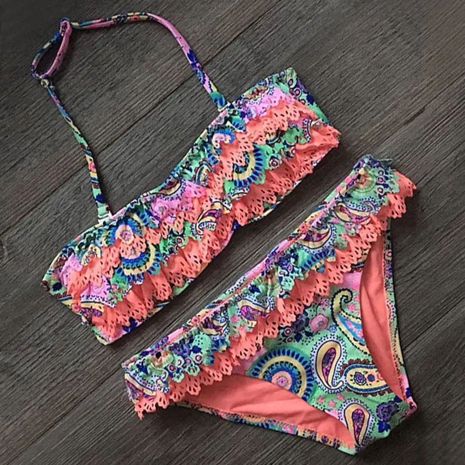 7-14 Years Print Baby Girl Bikini Children Two Piece Swimsuit Kids Infant Girl Swim Wear Hollow Out Toddler Girl Bathing Suits