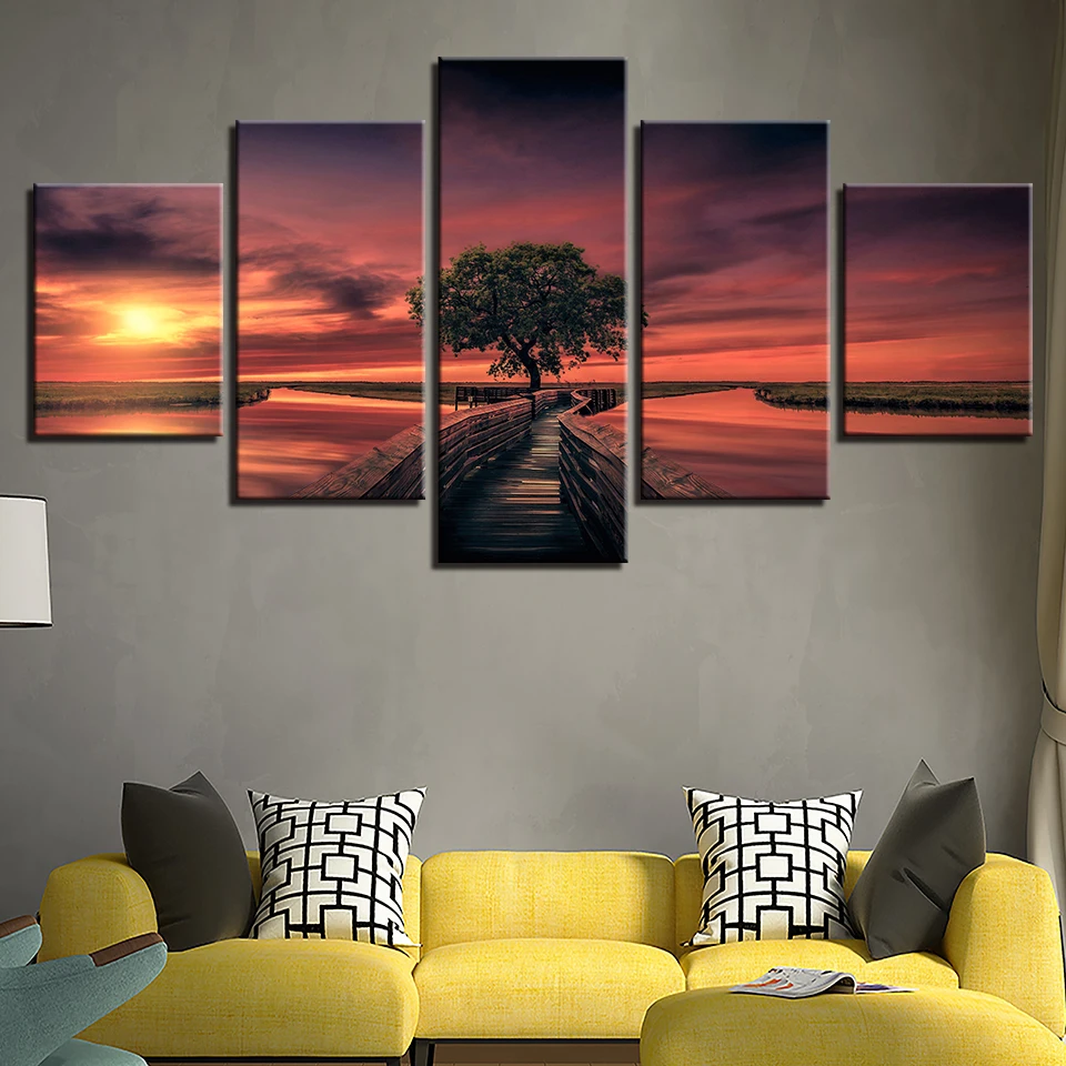 

HD Print Pictures Home Decor 5 Pieces Tree Red Sky Sunset Landscape Poster Modular Bridge Lake Canvas Paintings Wall Art Frame