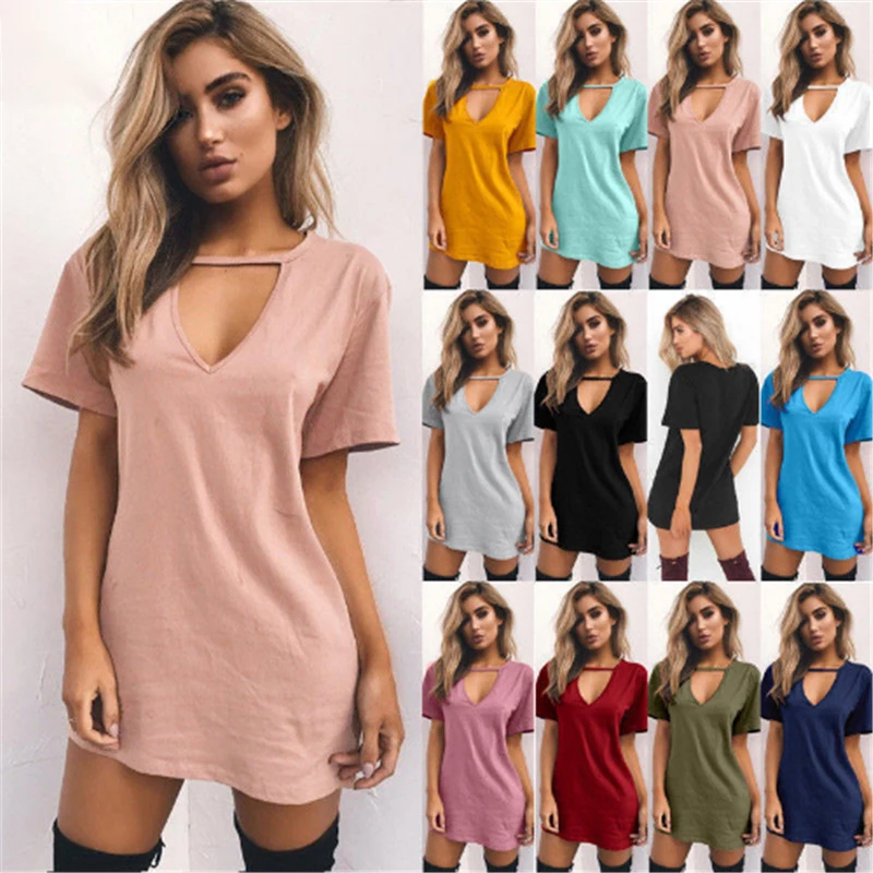 

Boho Dress 2019 Summer Women Shirt Dress With Choker Short Sleeve V-Neck Sexy Mini Dress Female Casual Loose Beach Dresses