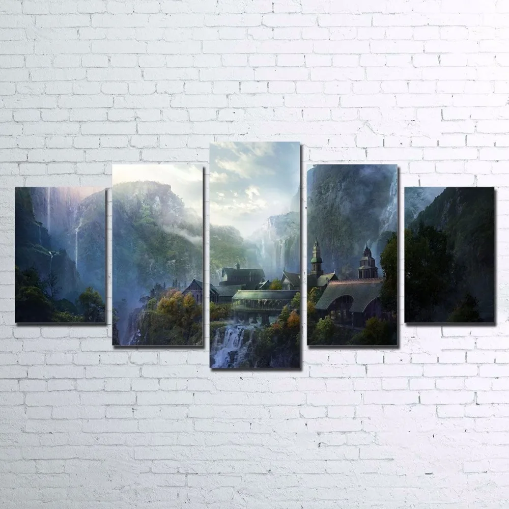 

Canvas Pictures Wall Art Decor HD Prints 5 Pieces Mountain Waterfall Paintings Living Room Lord Of The Rings Poster Framework