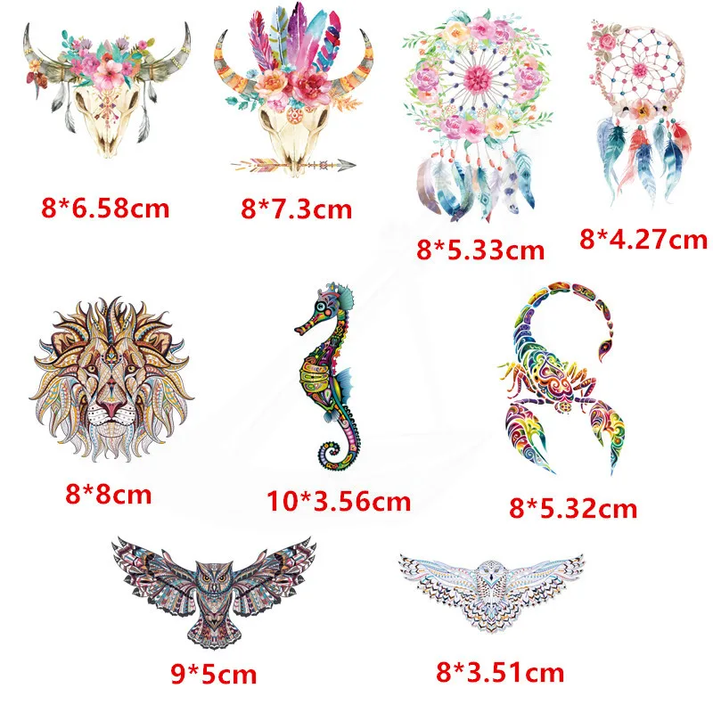 

New 9pcs/lot Small size Sheep bones lion feather eagle Hippocampus Bag Stickers Diy Iron On Patches For Clothes Accessory