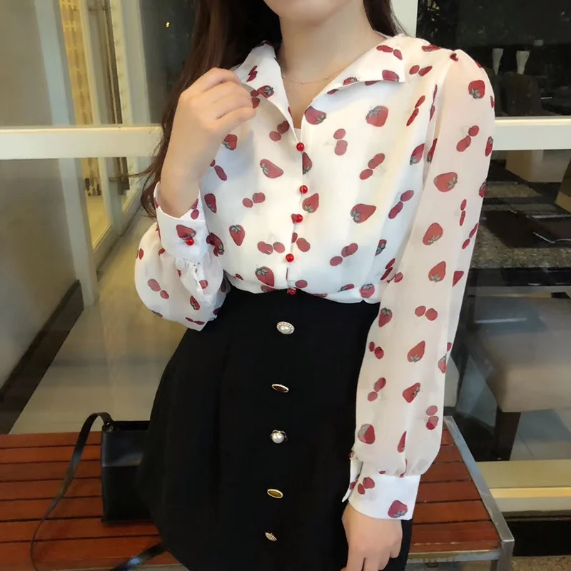 

New Women Blouse Chic Slim Waist Cute Strawberry Cherry Printed 2019 New Fashion Chiffon Long Sleeve Casual Blouse for Female