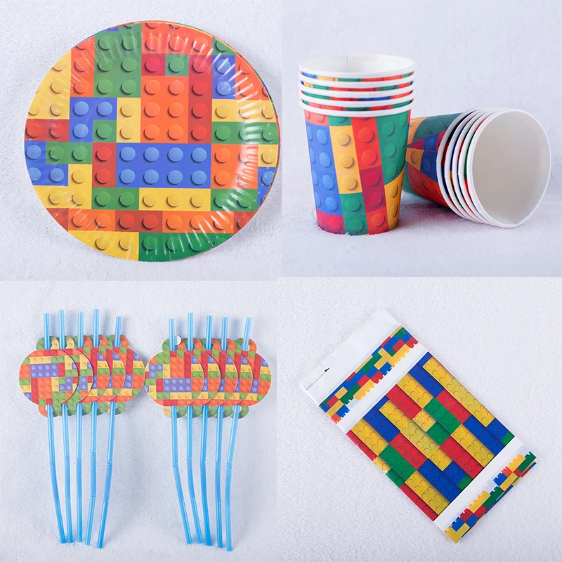 

Lego theme disposable plates cups Lego Block theme birthday party decorations blowouts Lego theme party banners