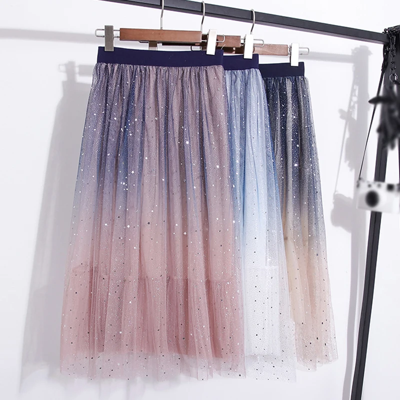 

Long Summer Skirt 2019 Spring Gradient Color Tulle Skirts Womens Star Dot Mesh Women Elastic High Waist Midi Long Pleated Skirt