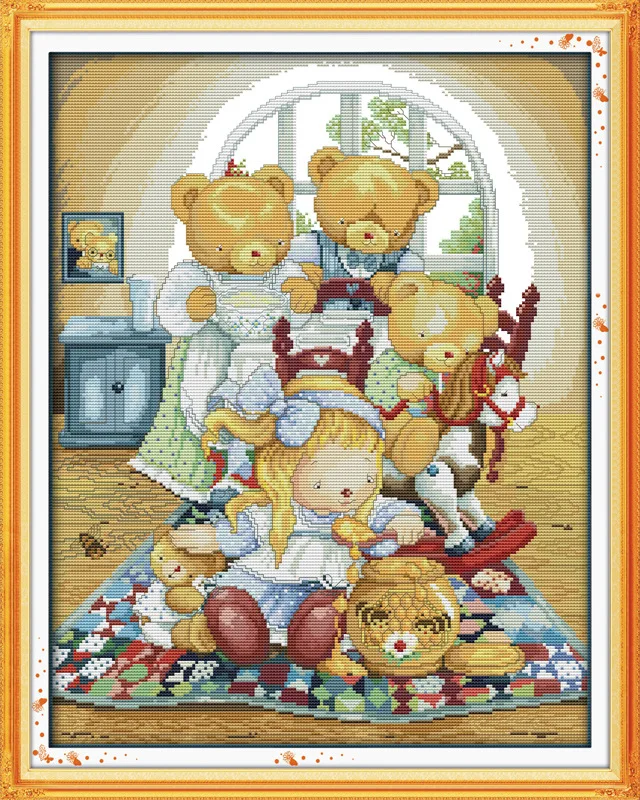 

Bear house and a girl Printed Canvas DMC Counted Cross Stitch Kits printed Cross-stitch set Embroidery Needlework
