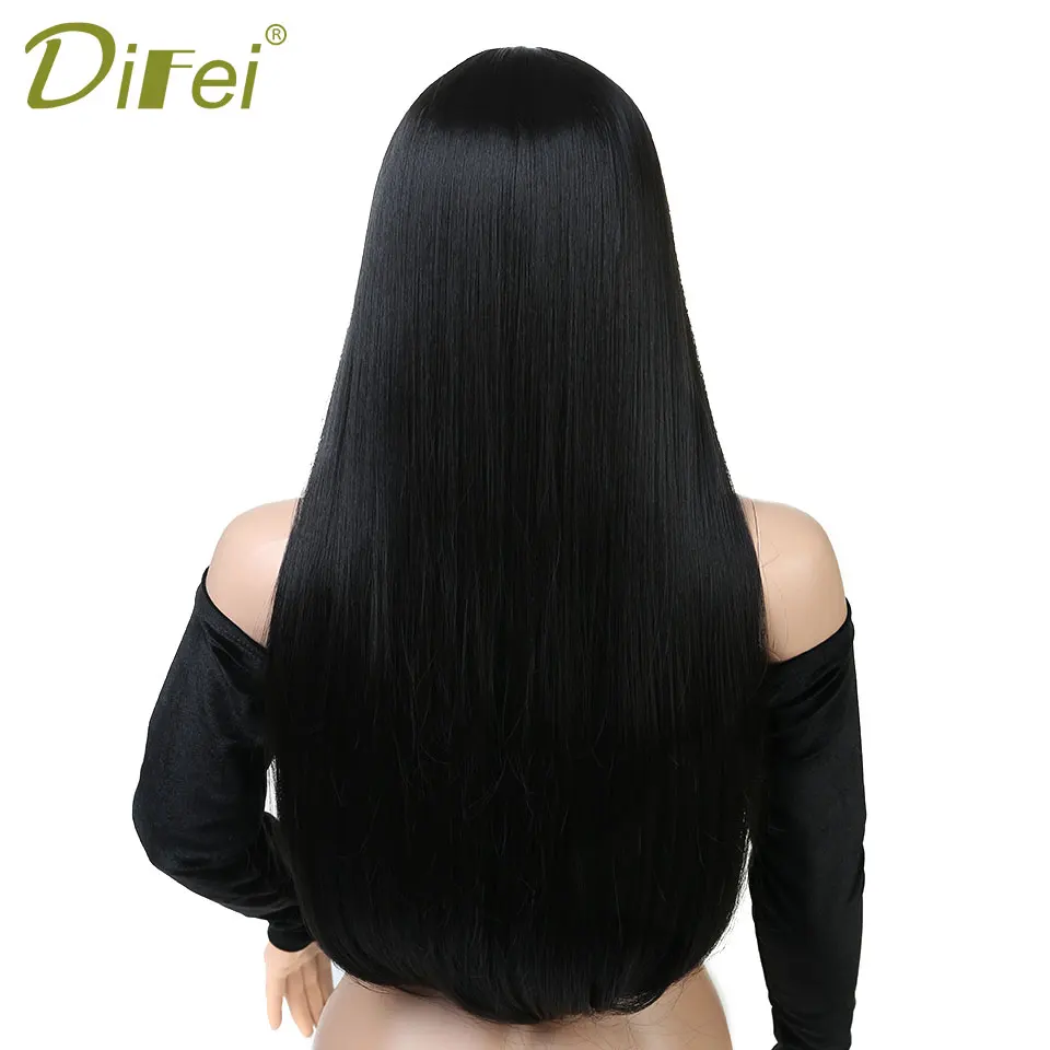 Baratos Pelucas negras largas DIFEI 24 pulgadas con flequillo pelucas rectas sintéticas resistentes al calor para mujeres afro americanas pelo falso