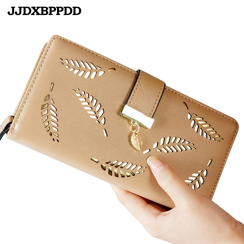 JJDXBPPDD marca hojas Hollow mujeres PU la carpeta del embrague mujeres cartera femenina diseño señoras carteras moneda tarjeta Carteras| - AliExpress