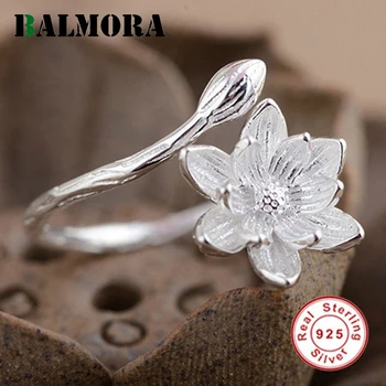 

BALMORA 100% Real 925 Sterling Silver Jewelry Beautiful Lotus Flower Women Open Rings High Quality Party Gifts Bijoux SY20948