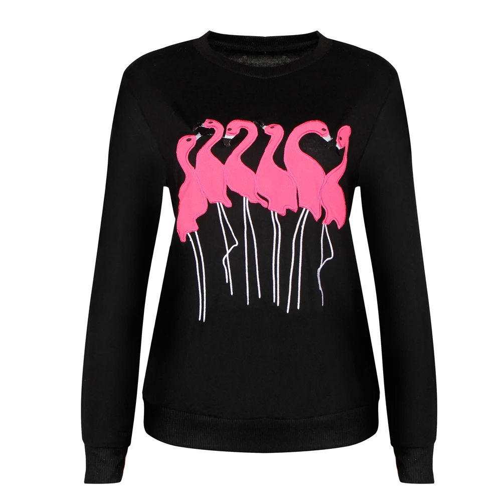 Fashion Women Embroidery Flamingo Hoodies Long Sleeve