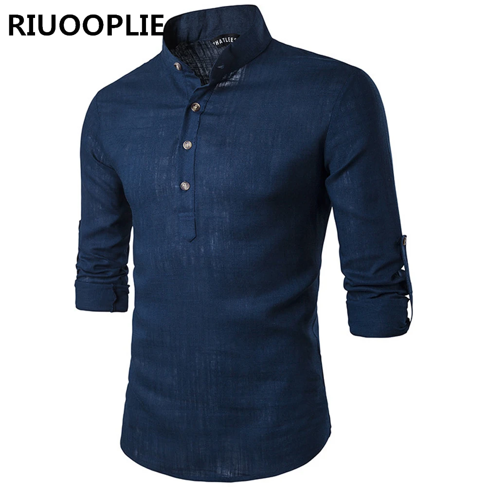 

RIUOOPLIE Spring Summer Men`s Linen Cotton Blended Shirt Mandarin Collar Breathable