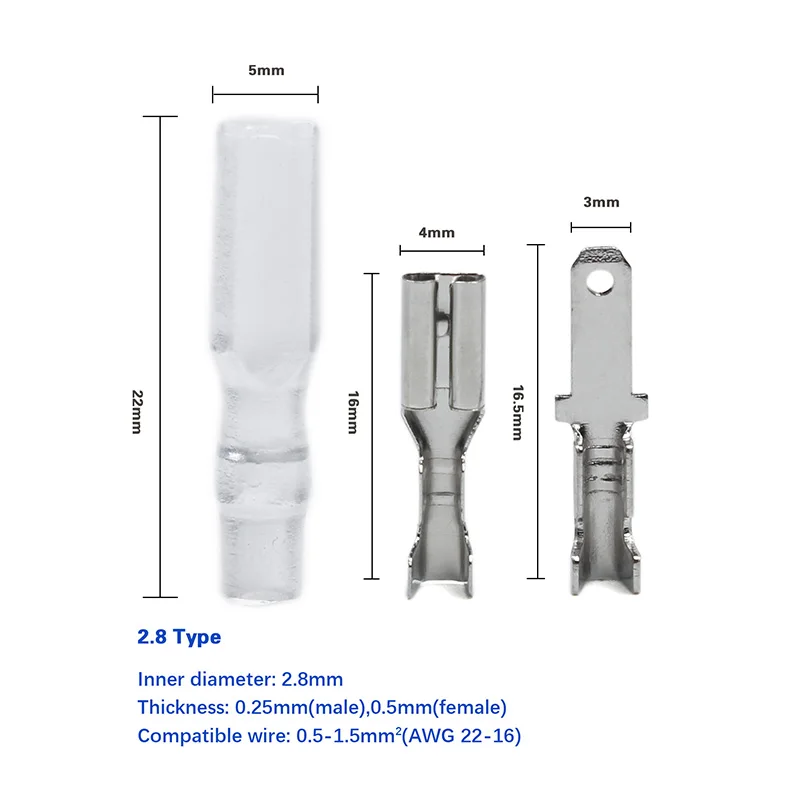 200 шт. 2,8/4,8/6,3 мм соединители проводов Ассорти Комплект обжимные женский/мужской стержни лопаты с прозрачная изоляционная одежда с длинным рукавом - Цвет: 2.8mm