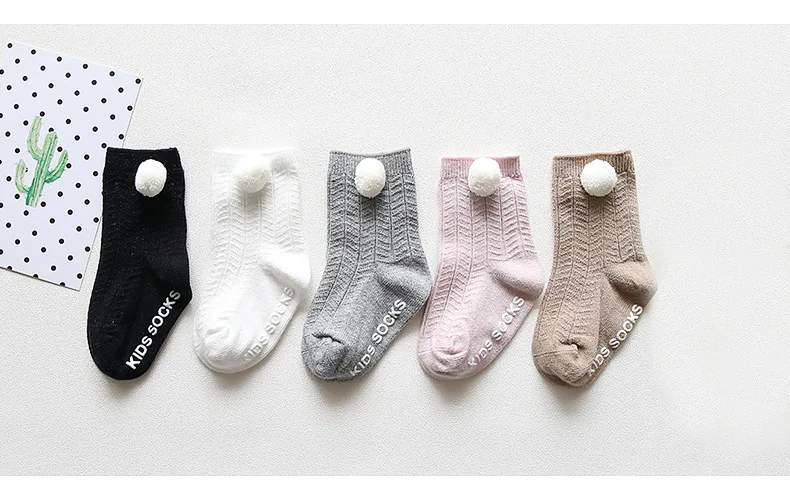 Весенне-осенние вязаные детские носки хлопковые нескользящие носки высокого качества для новорожденных От 0 до 2 лет с украшением из плюшевых шариков