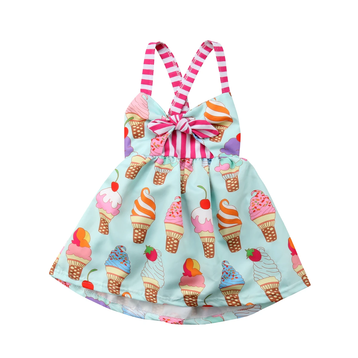 Милая Одежда для новорожденных платье для маленьких девочек летнее платье для маленьких принцесс с принтом мороженого и бретельками и открытой спиной - Цвет: Многоцветный