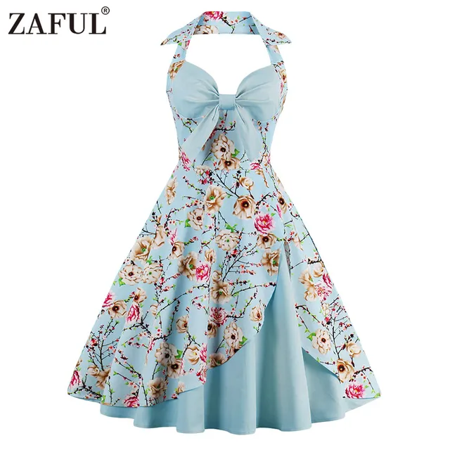 ZAFUL Новые Женщины Винтажное Платье Плюс Размер Цветочный Принт Pin Up Холтер Летние Платья Ретро 50 s Рокабилли Партии Feminino свадебные платья