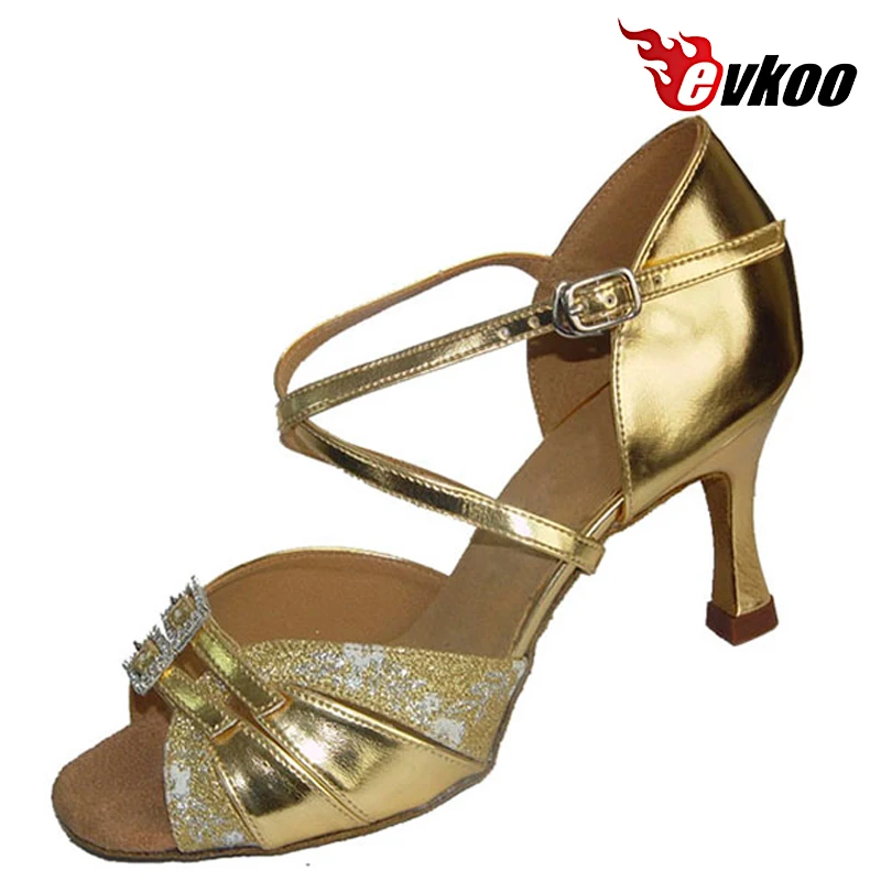 Evkoo/Танцевальная обувь пяти разных цветов на выбор; Каблук 7,3 см; атласная или искусственная кожа; женская танцевальная обувь с пряжкой со стразами; Evkoo-235 для латиноамериканских танцев
