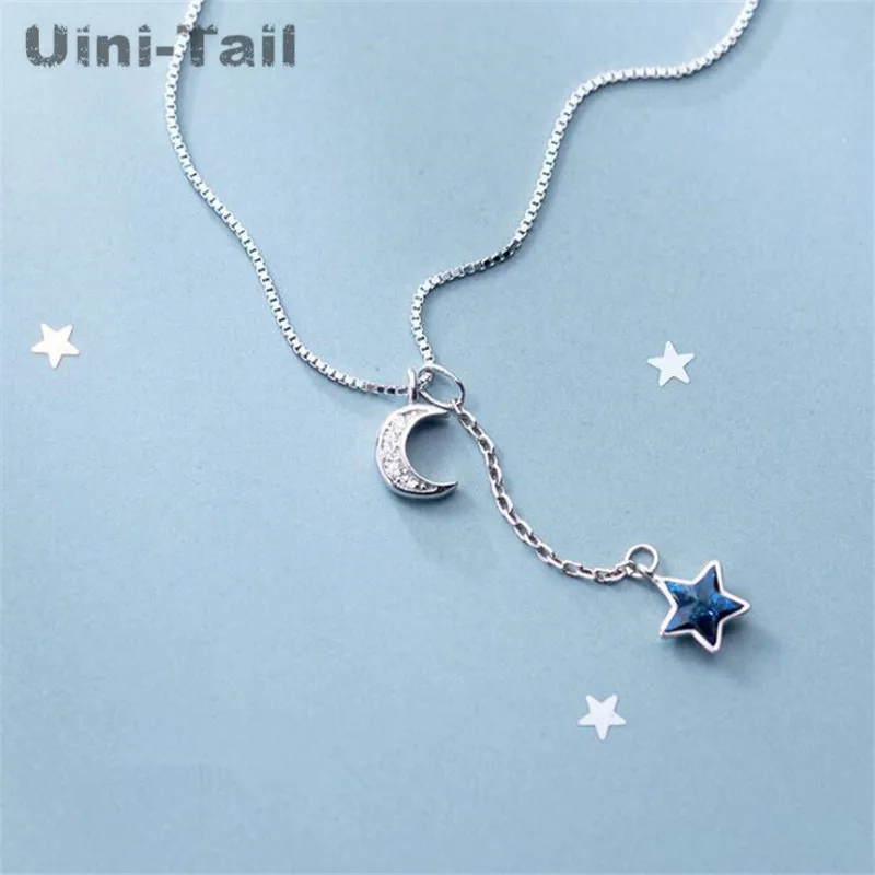 Uini-Tail, хит, новинка, серебро 925 пробы, голубые звезды, луна, микро-инкрустированное ожерелье, простое, милое, маленькое, свежее, ювелирное изделие ED191