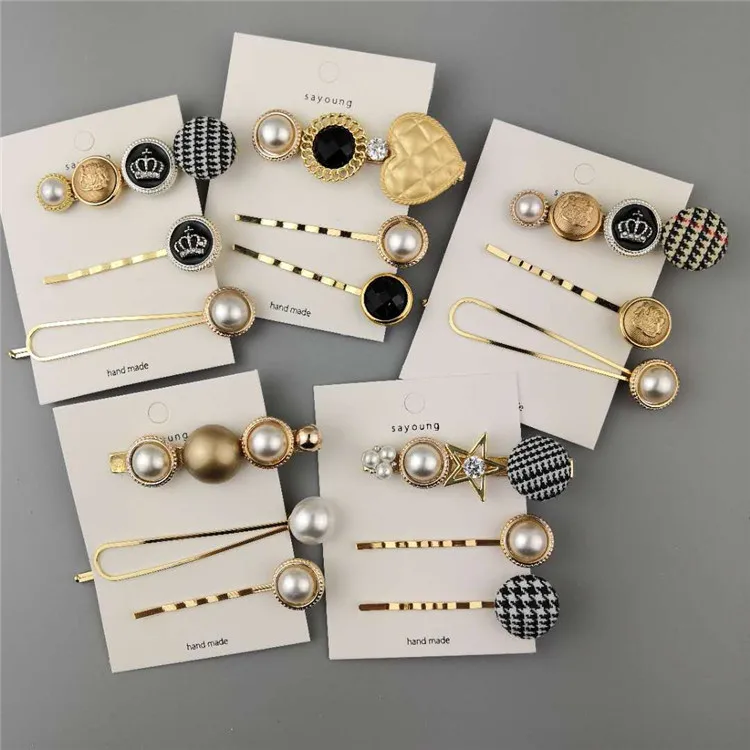 Fashion Elegant Button Pearl Metal Side Clip Women Girls Hair Clips Pin