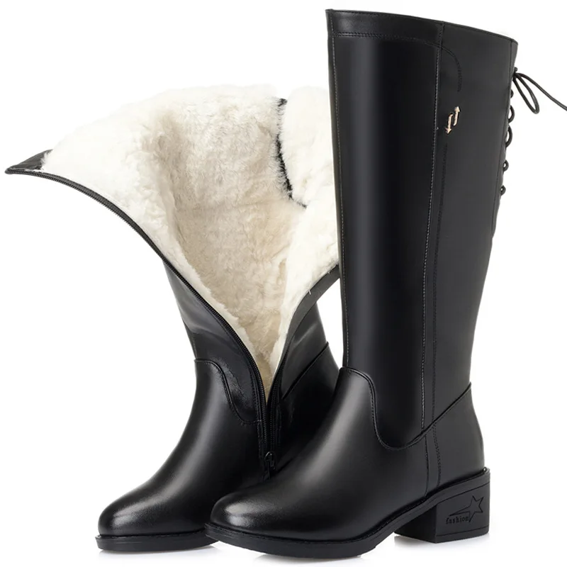 

Brand knee high boots shoes woman natural 100% wool boots women shoes high quality genuine leather botas mujer invierno winter