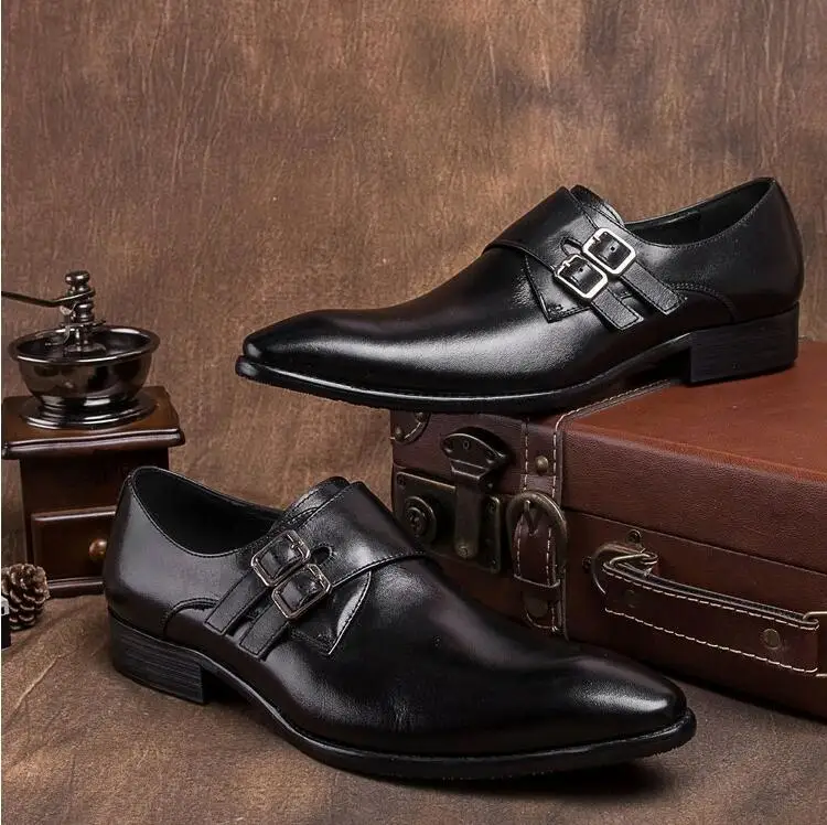 

Genuine Leather Pointed Toes Men's Dress Shoes Chunky Heel Buckle Smart Casual Height Increasing Shoes Male Slip-On Oxfords