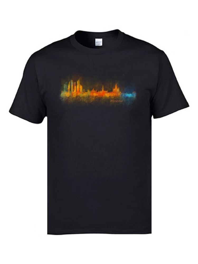 Comics Top T-shirts Short Sleeve Family Discount Men Labor Day Tops Shirt Family Tops T Shirt Round Collar Cotton Fabric Moscow Skyline in watercolor digital art. V1 black