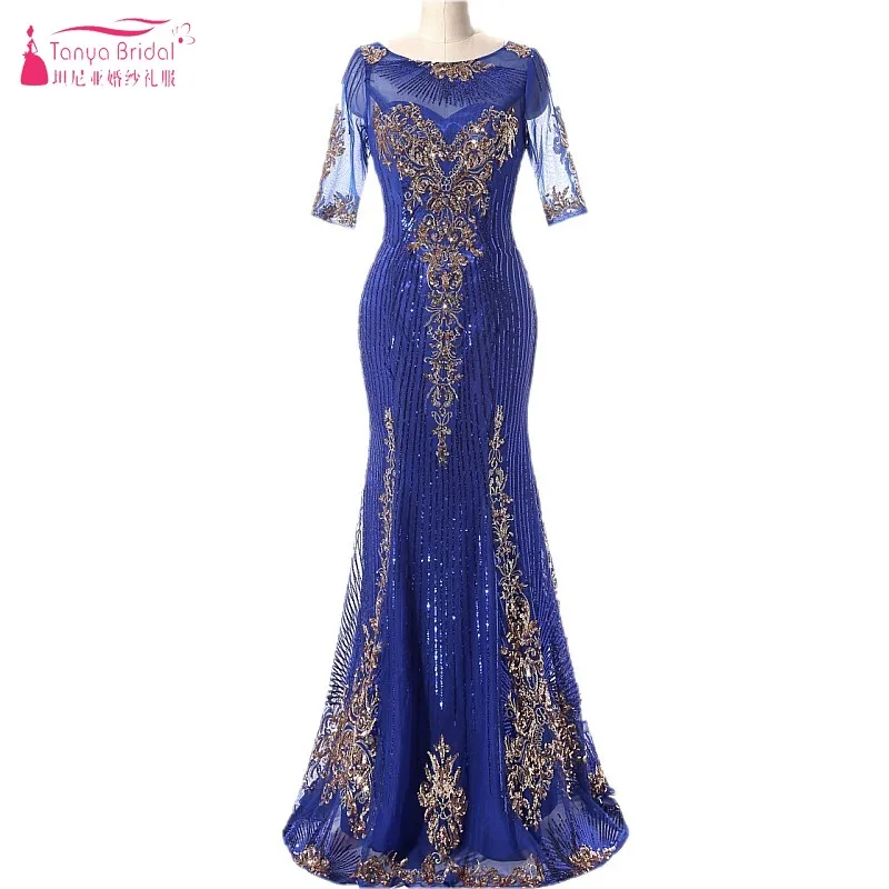 Mermaid Long Evening Dresses With Sequins Royal Blue Gold Sequins Three ...