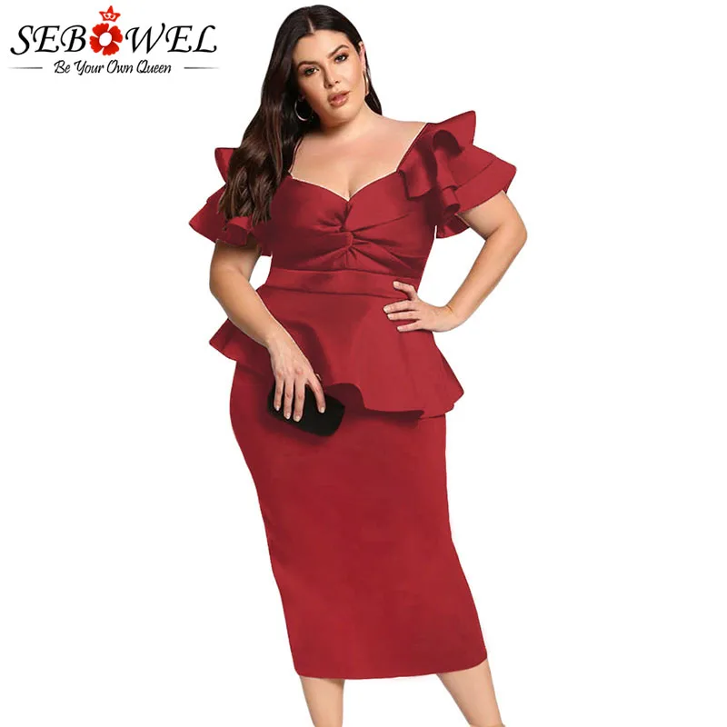 

SEBOWEL Plus Size Peplum Formal Midi Dress Woman XXXL 4XL 5XL Ladies Party Bodycon Tiered Sleeve Twisted Retro Dresses Female
