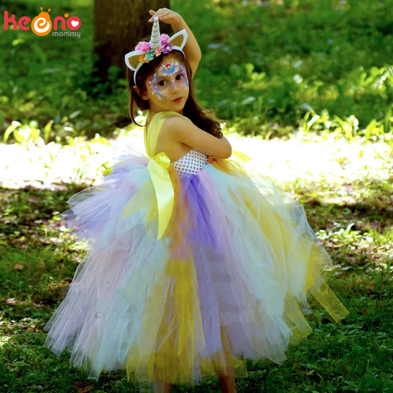 Pastel Rainbow Girls Unicorn Tutu Dress Princess Flower Girl Party Dresses with Headband Kids Birthday Halloween Unicorn Costume (4)