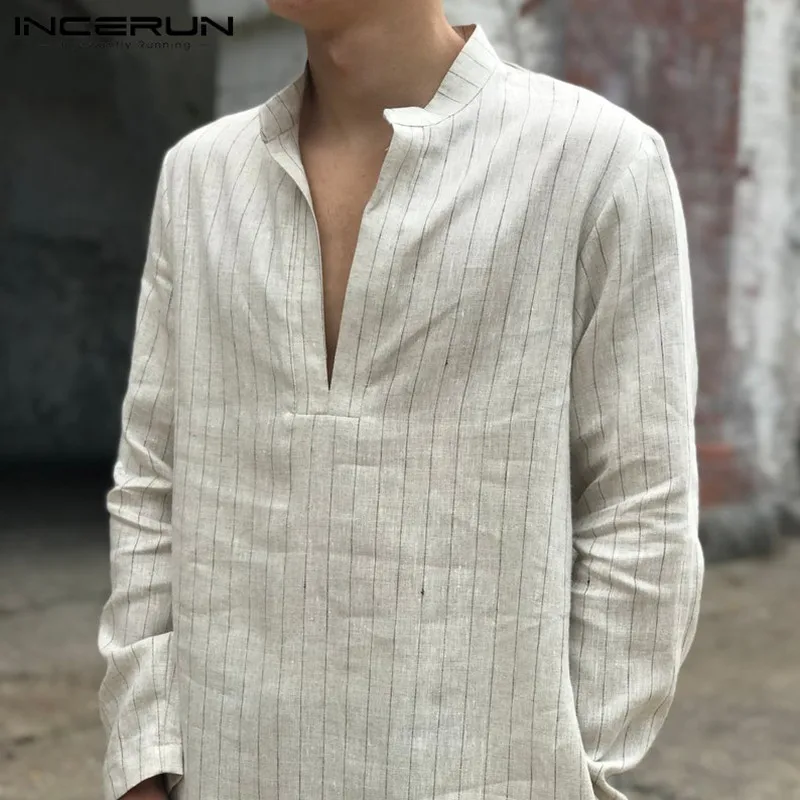 INCERUN Men Muslim Kaftan Long Sleeve V Neck Striped Long Tunic Robes Islamic Caftan Saudi Arab Middle East Men Jubba Thobe