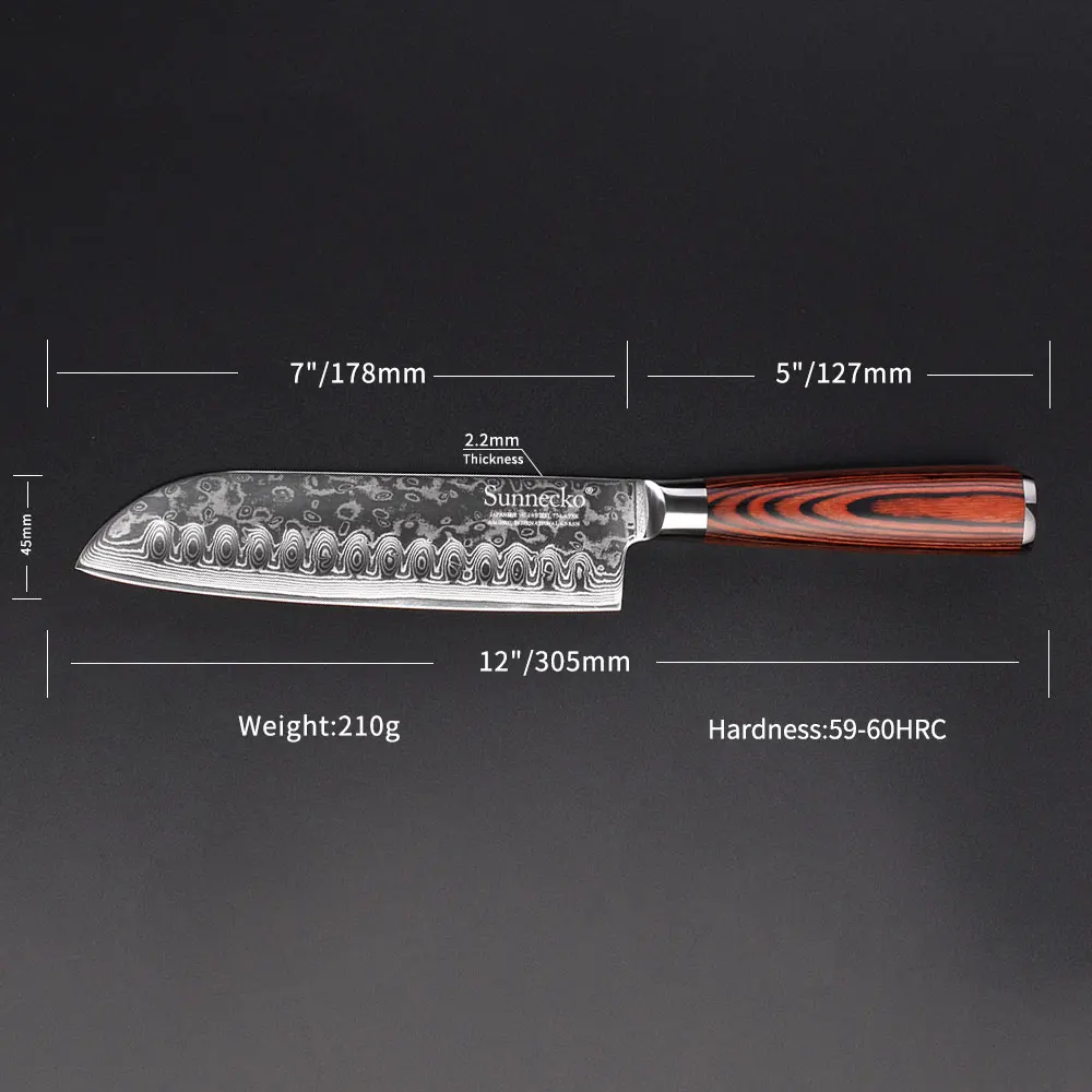 SUNNECKO 7 дюймовый нож Santoku кухонные ножи японский дамасский VG10 сталь 60HRC Лезвие Pakka