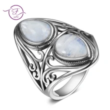 Encantos 6x9MM Natural anillos de piedra lunar de arco iris de las mujeres de la joyería de la plata esterlina 925 anillo Vintage, fiesta de aniversario regalos para mujeres
