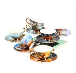 

2018 New style European bone china coffee cup set creative painting Miaojin afternoon tea cup with saucer home Free shipping
